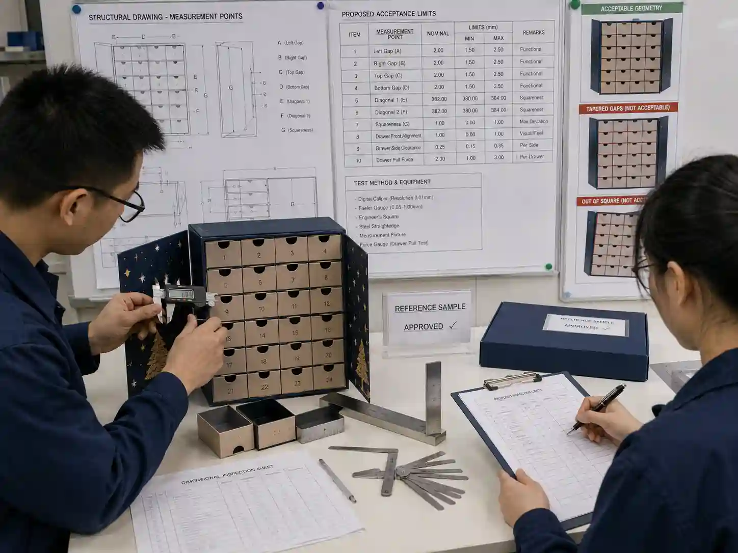 Packaging engineers defining measurement points and acceptable limits for advent calendar gaps, alignment, and squareness.