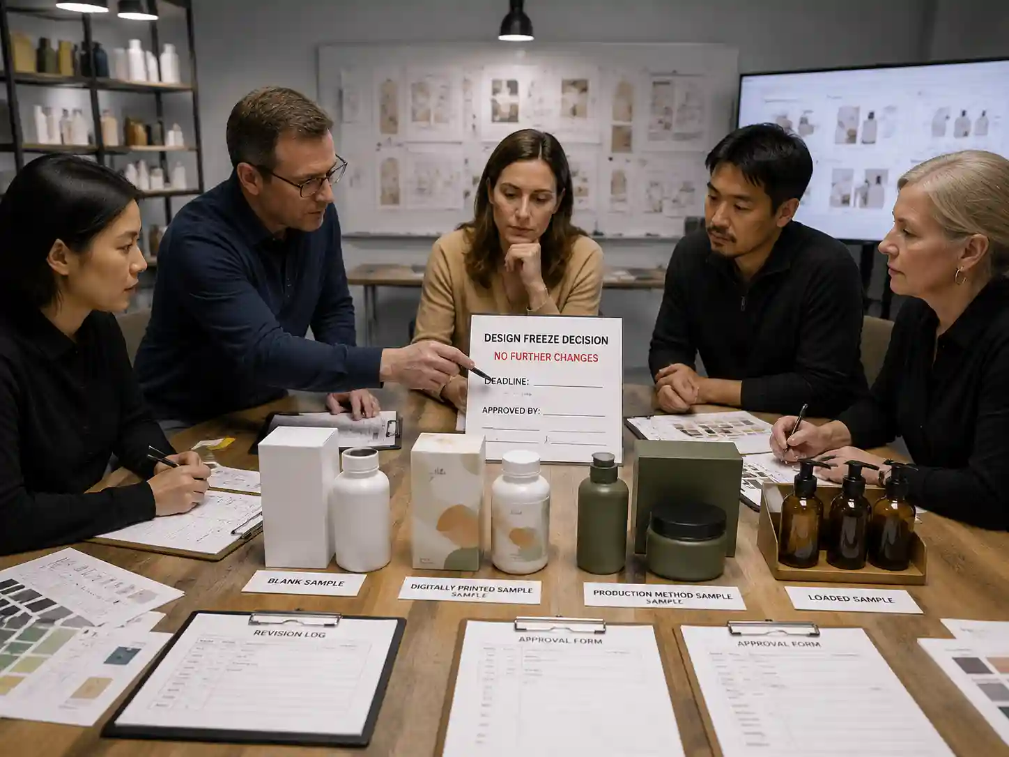 Packaging teams reviewing approved samples and setting a final design freeze deadline before production.