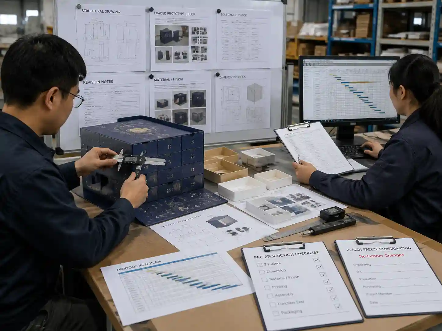 Packaging engineers verifying final samples and records before production design freeze.