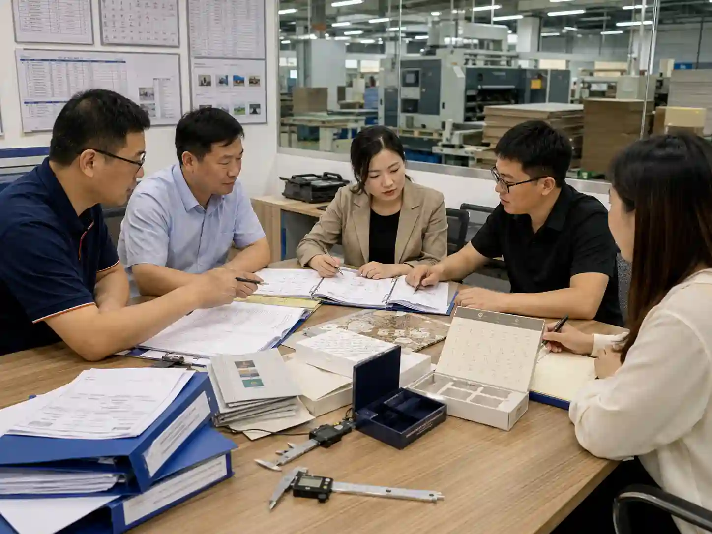 Packaging buyers and factory staff reviewing inspection and rework terms before advent calendar production.
