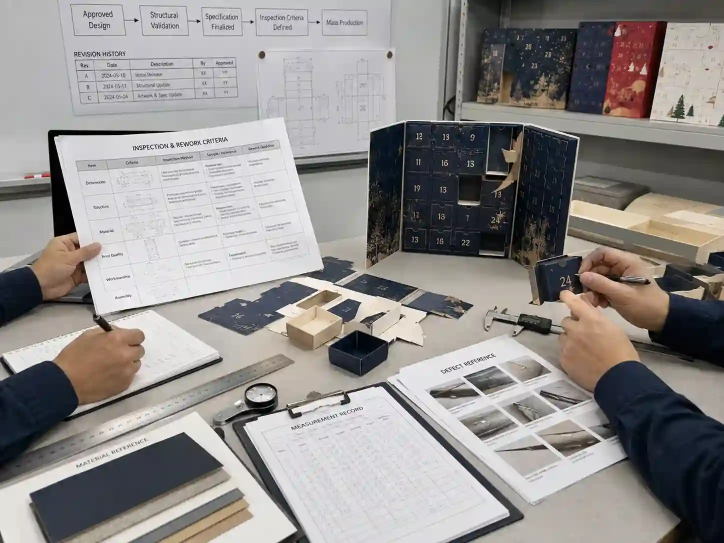 Packaging engineers defining measurable advent calendar inspection criteria from approved drawings and samples.