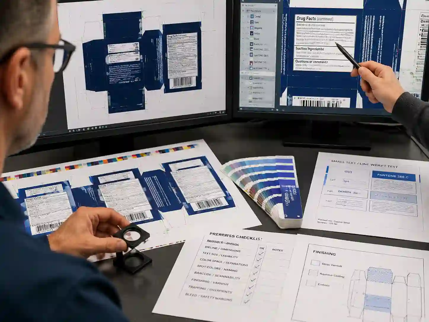Packaging artwork review showing spot color and CMYK small text printing decisions for advent calendar packaging