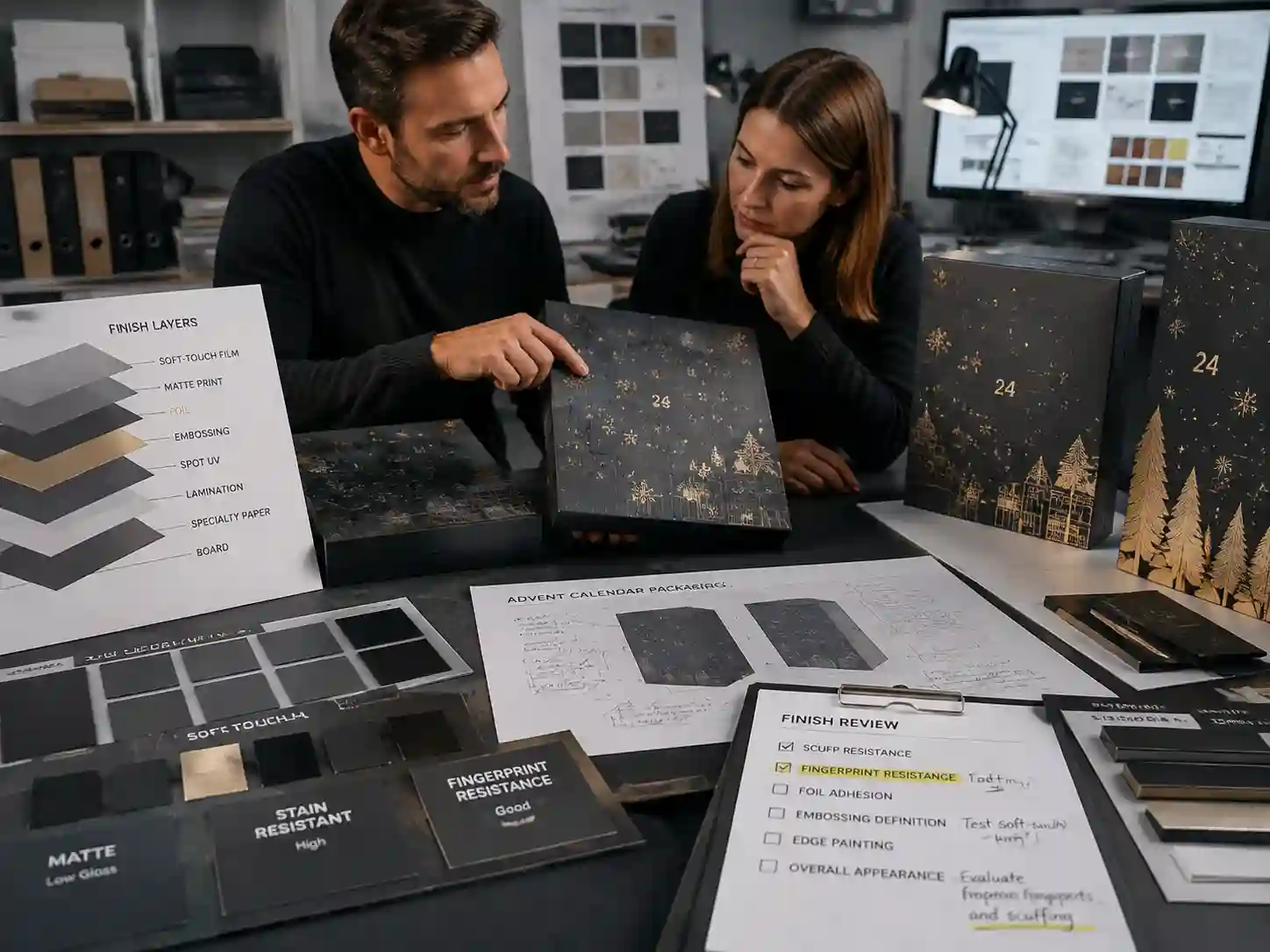 Packaging designers reviewing soft-touch film samples for fingerprint resistance and scuffing performance on premium advent calendar packaging.