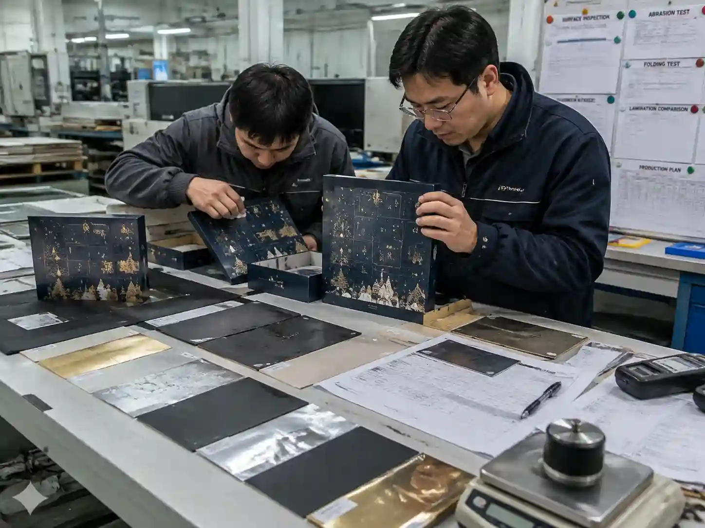 Packaging engineers testing soft-touch lamination samples for scuffing, fingerprints, and finishing durability.