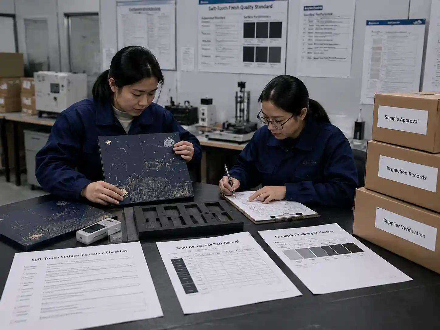 Quality control inspection of soft-touch film packaging samples with finish records and durability checks.
