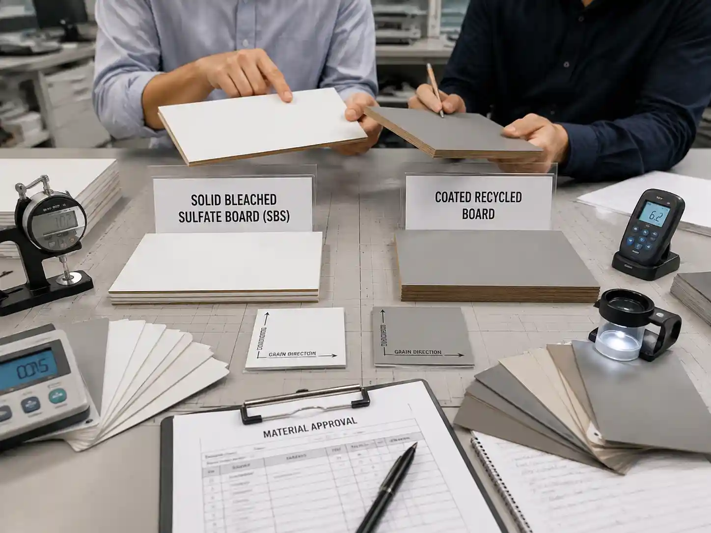 Packaging engineers comparing SBS and coated recycled board samples with material testing tools and approval documents