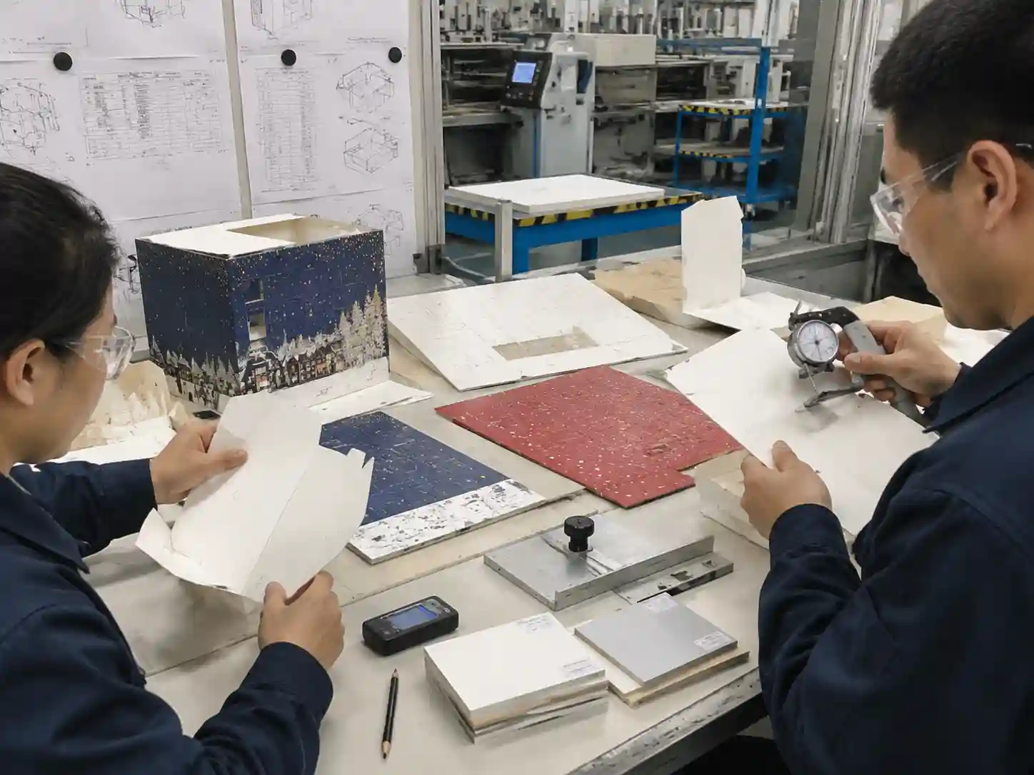 Engineering team testing advent calendar panel prototypes made from different packaging boards