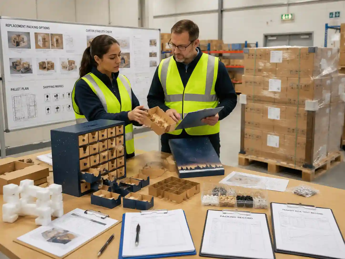 Packaging specialists reviewing spare component replacement packing methods with cartons, pallet plans, and shipment records.