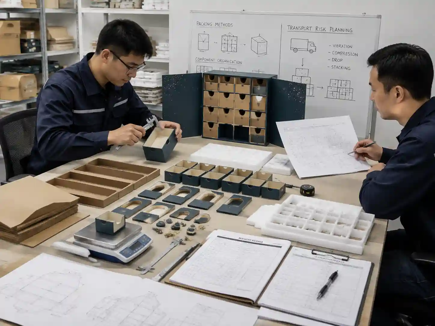 Engineers testing spare component packing layouts with samples, measurements, and carton planning documents.