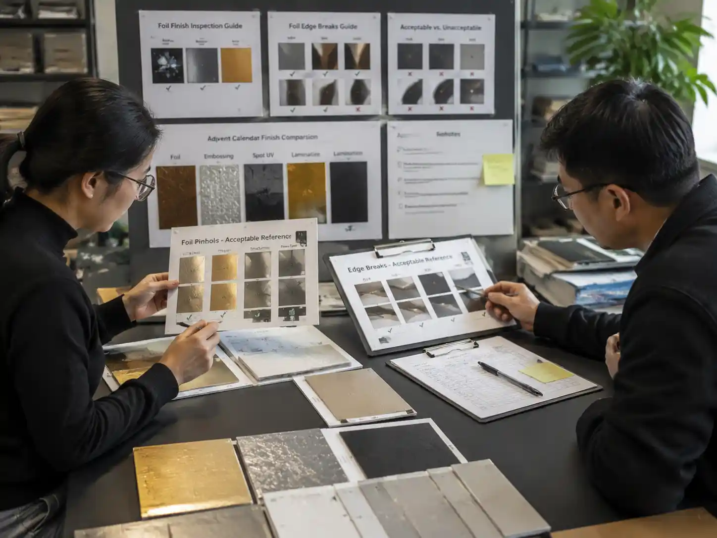 Packaging designers reviewing foil pinhole and edge break acceptance standards using premium finish samples.