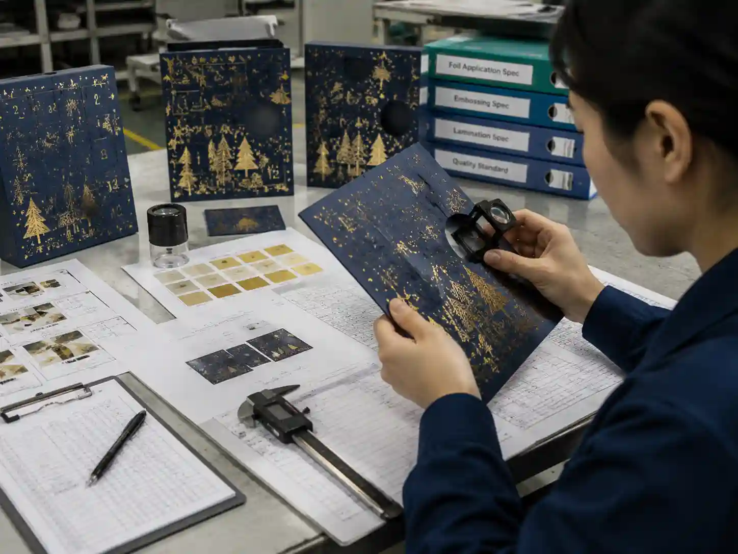 Packaging engineers testing foil finish samples for acceptable pinholes and edge breaks before production.
