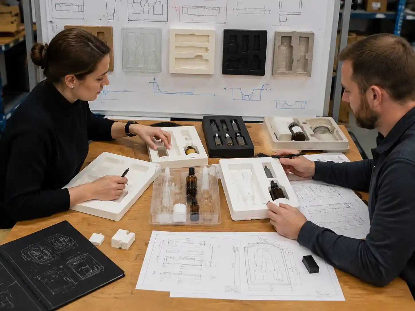 Packaging engineers reviewing finger notch, pull tab, and lift ribbon insert design options with cavity samples and measurement drawings
