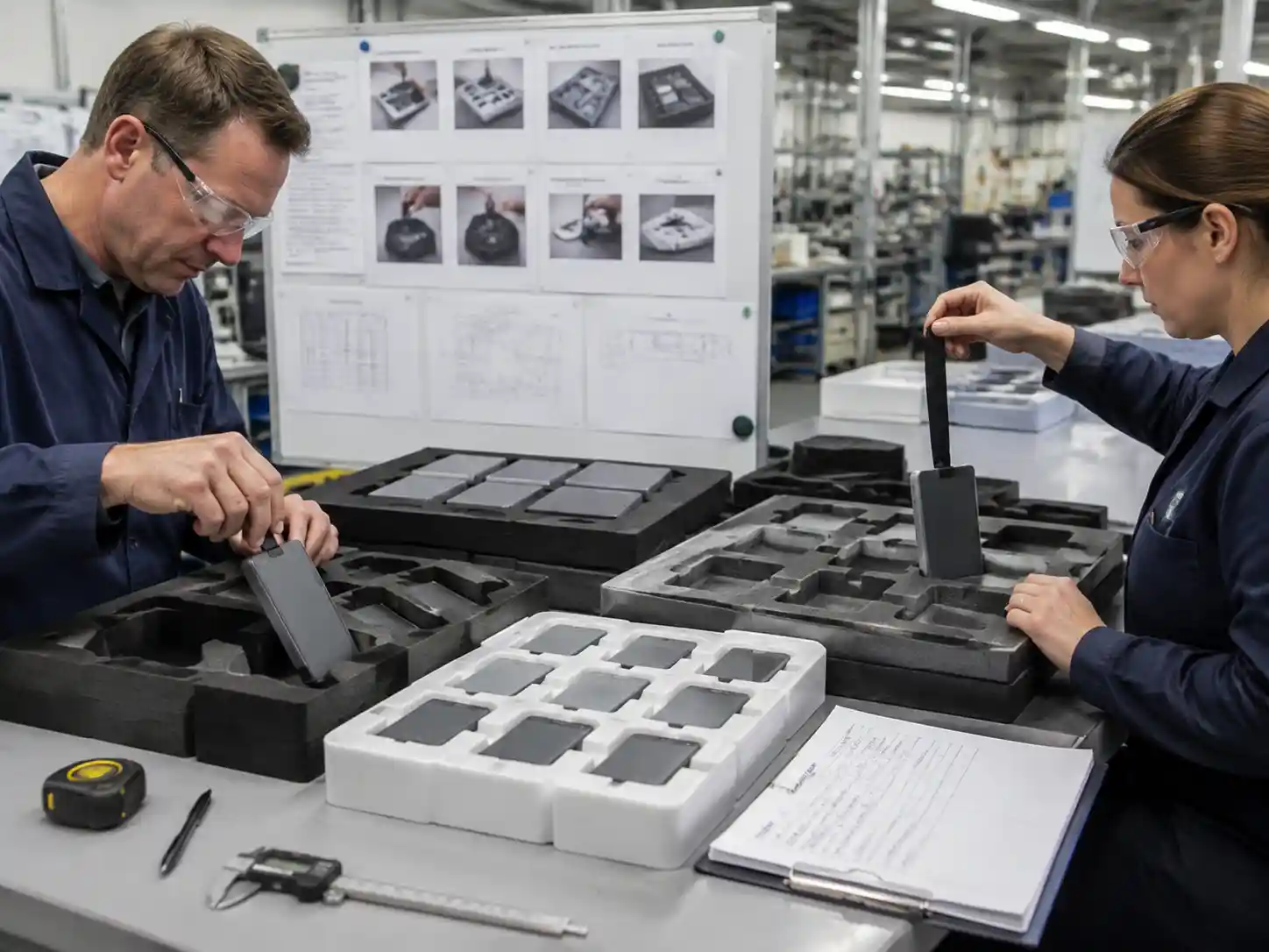 Technicians testing insert prototypes with finger notches, pull tabs, and lift ribbons during packaging validation