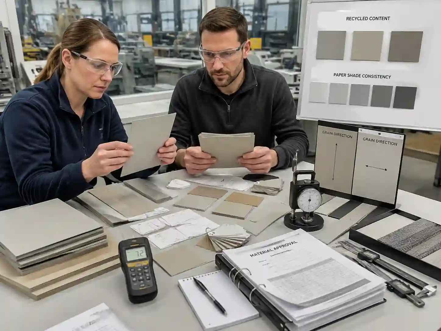 Packaging engineers reviewing recycled paperboard samples and material specifications to control recycled paper color variation.