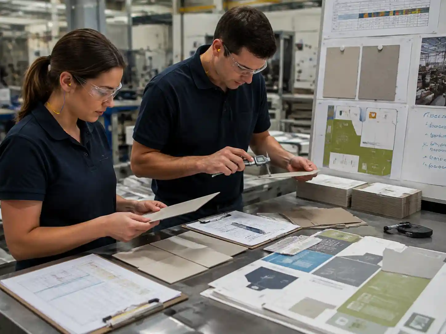 Technicians testing recycled paper packaging samples and checking material consistency during production planning.