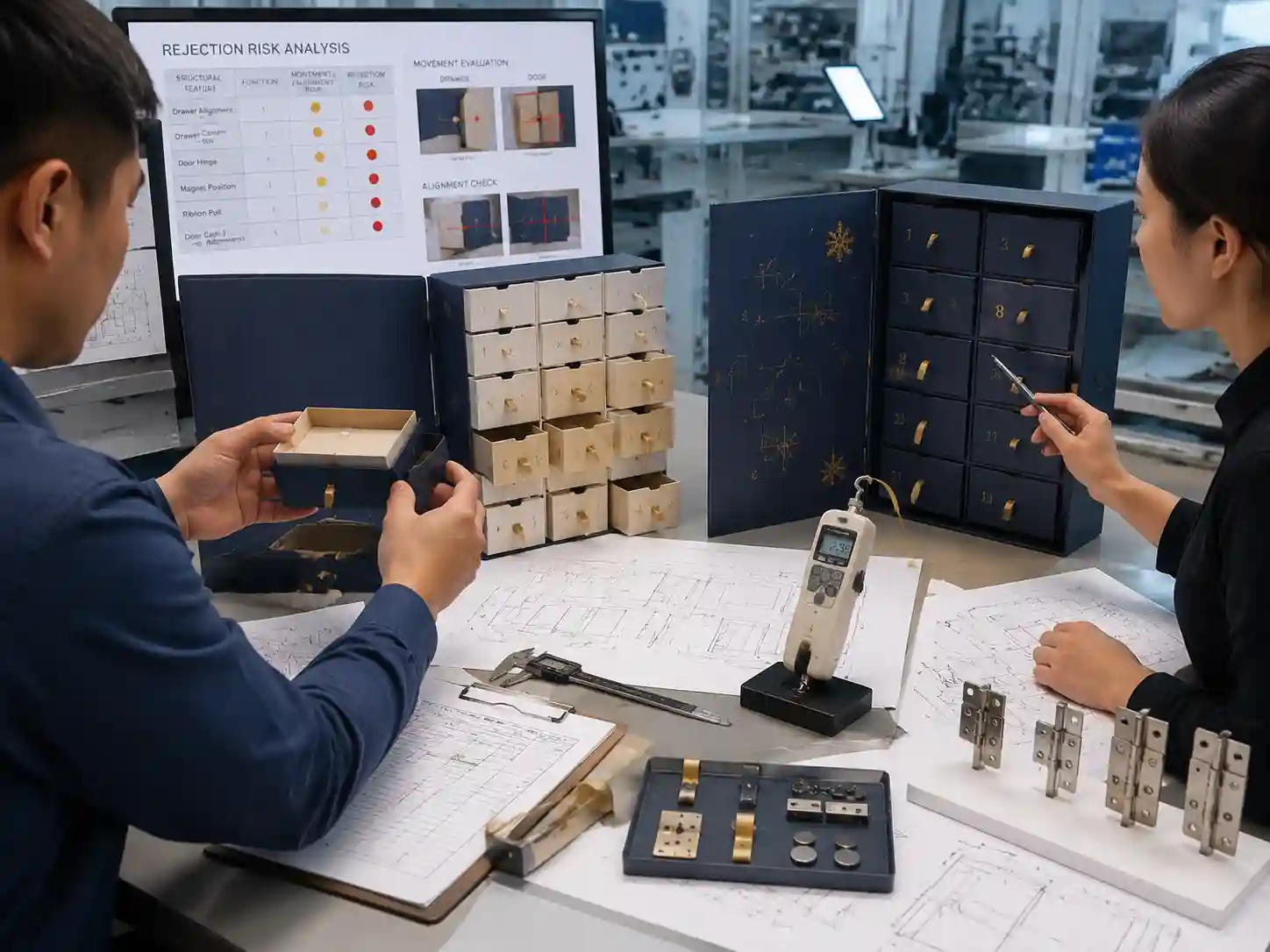 Packaging engineers reviewing advent calendar drawer door hinge and magnet structural rejection risks