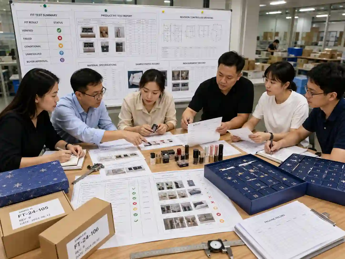 Buyers reviewing product fit test documentation, measurements, sample identities, drawings, and packing evidence for an advent calendar.