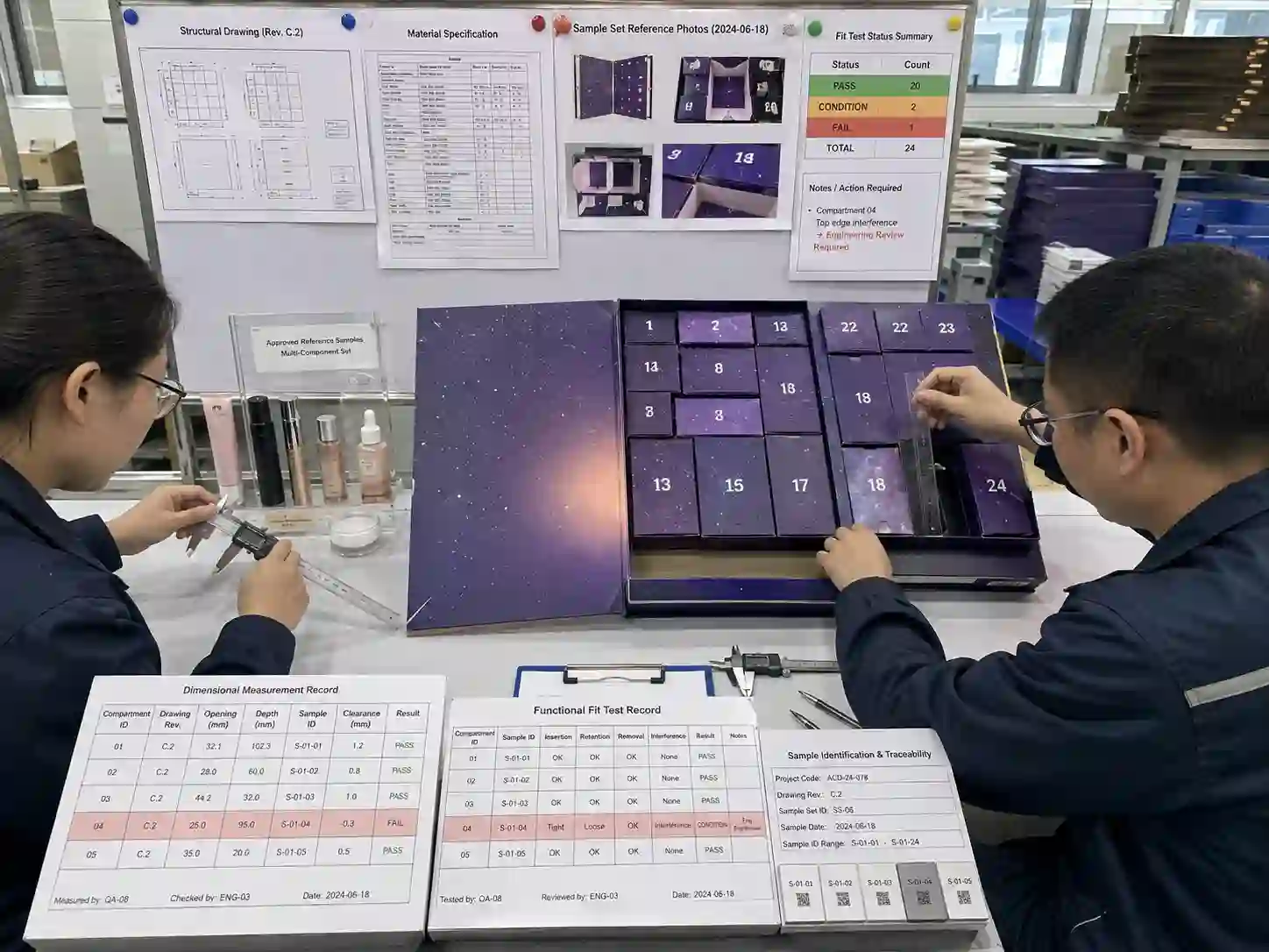 Packaging engineers measuring products and advent calendar compartments while recording dimensional and functional fit test results.