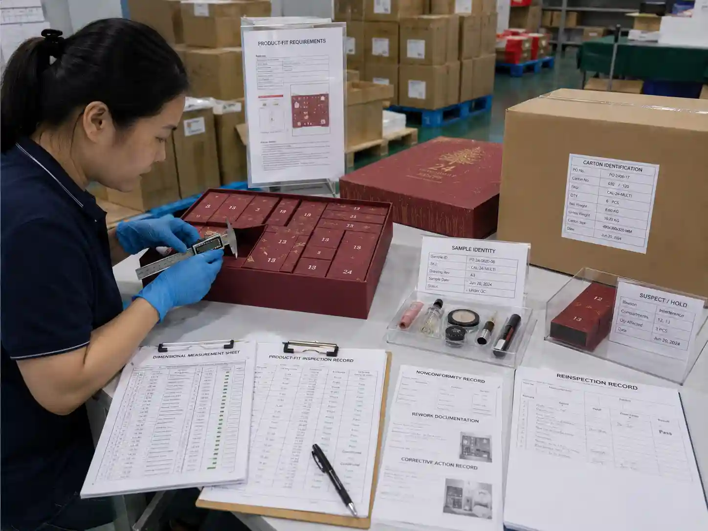 Quality staff verifying advent calendar product fit records, measurements, traceability, packing status, and corrective-action evidence.