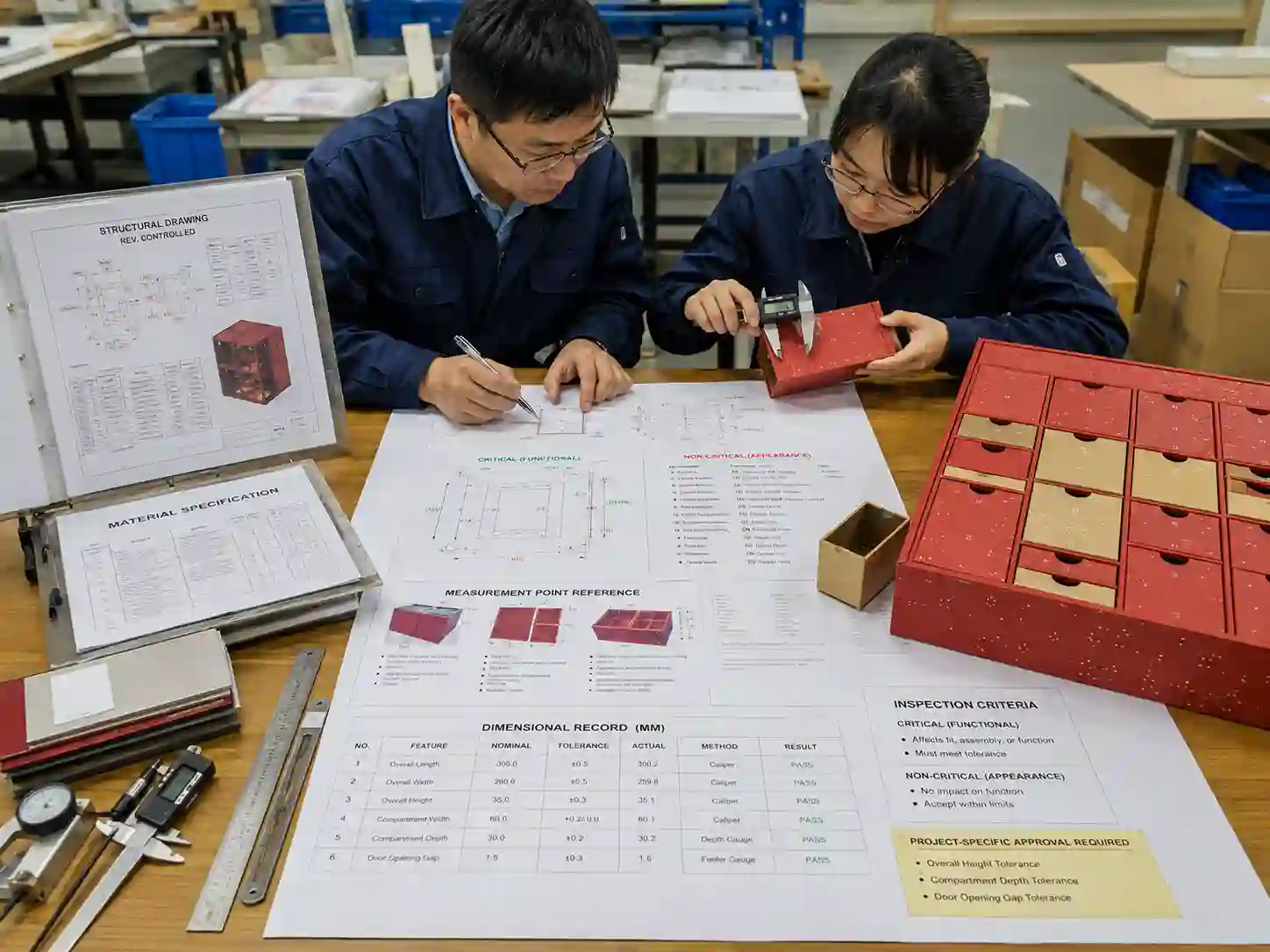 Packaging engineers measuring an advent calendar sample and linking tolerance requirements to controlled drawings and inspection criteria.
