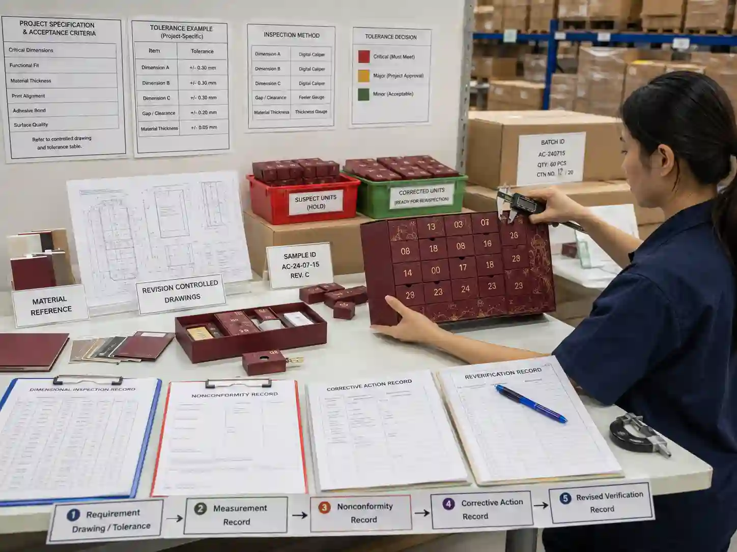 QC staff verifying packaging dimensions with controlled drawings, traceability records, nonconformity documentation and reinspection evidence.