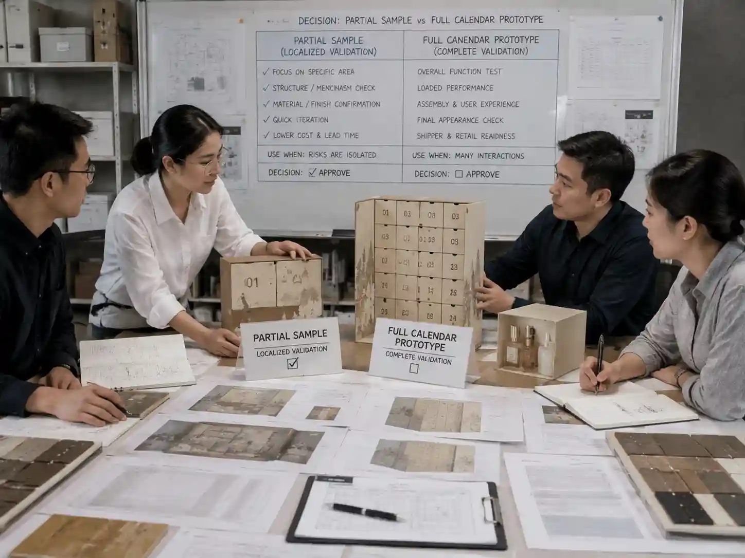 Packaging team comparing a partial advent calendar sample with a full prototype during sample approval review.