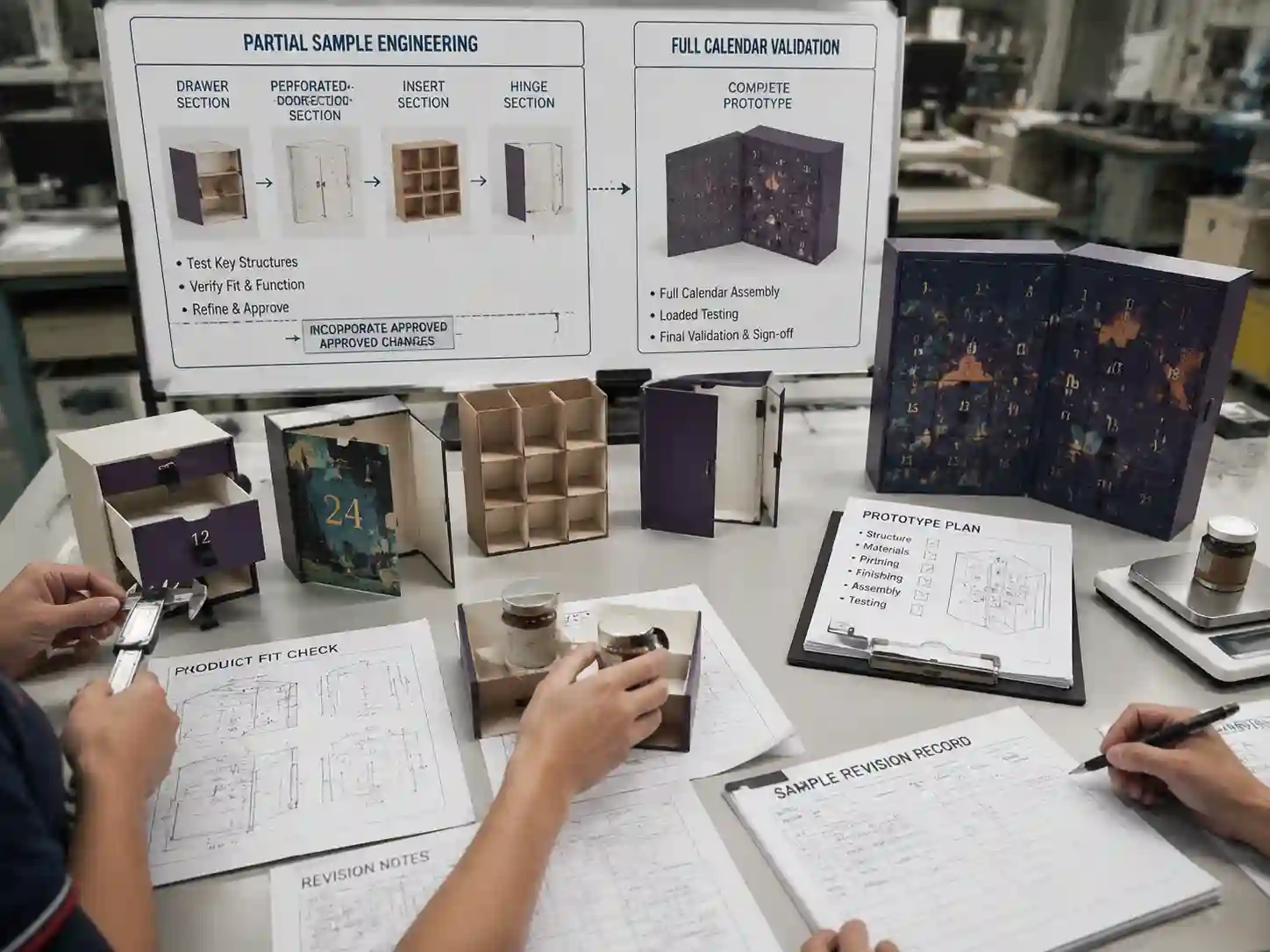 Packaging engineers testing partial advent calendar components before building a complete prototype.