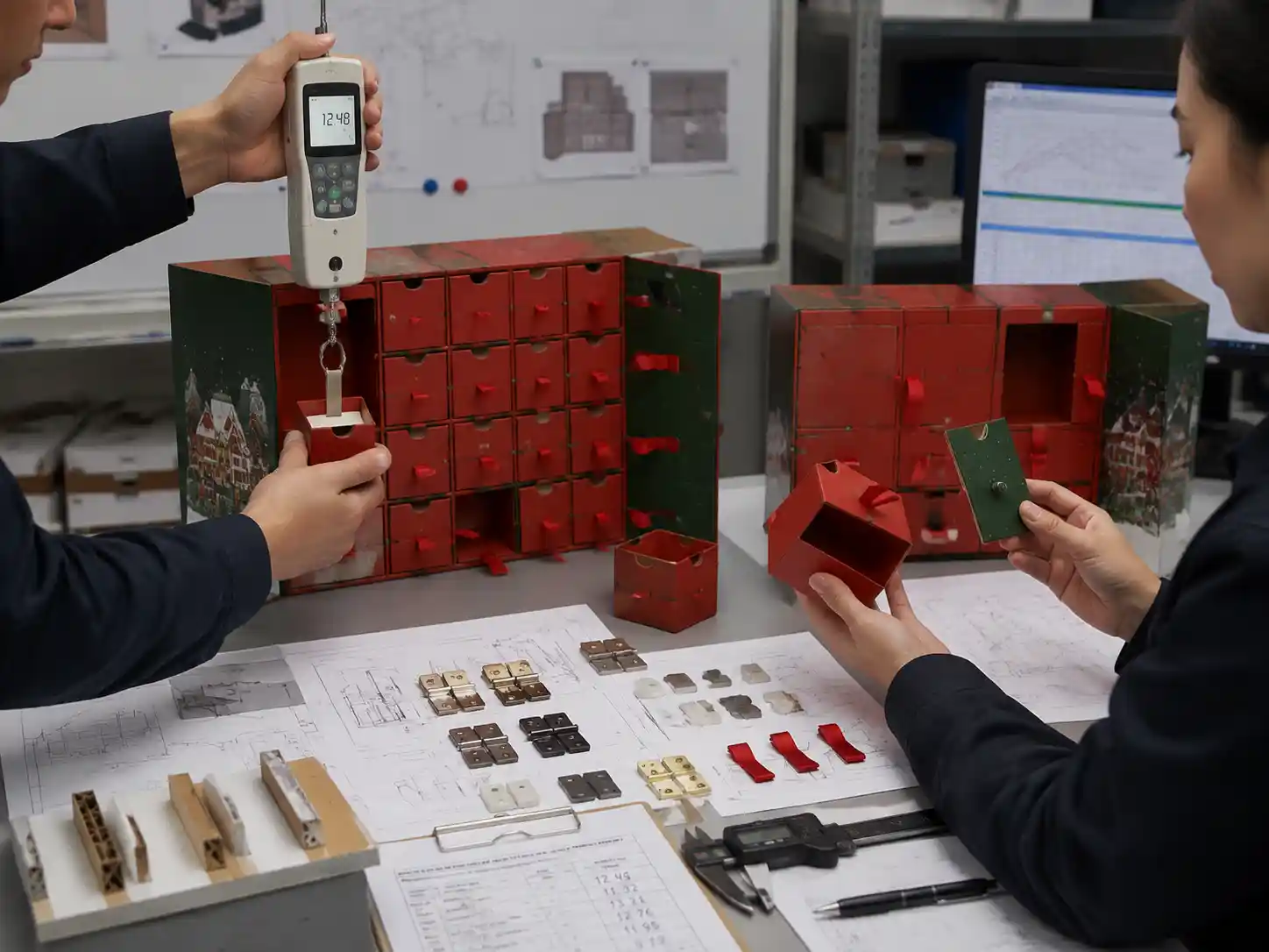 Engineers reviewing drawer pull strength test methods for advent calendar box prototypes with pull gauges and structural drawings.