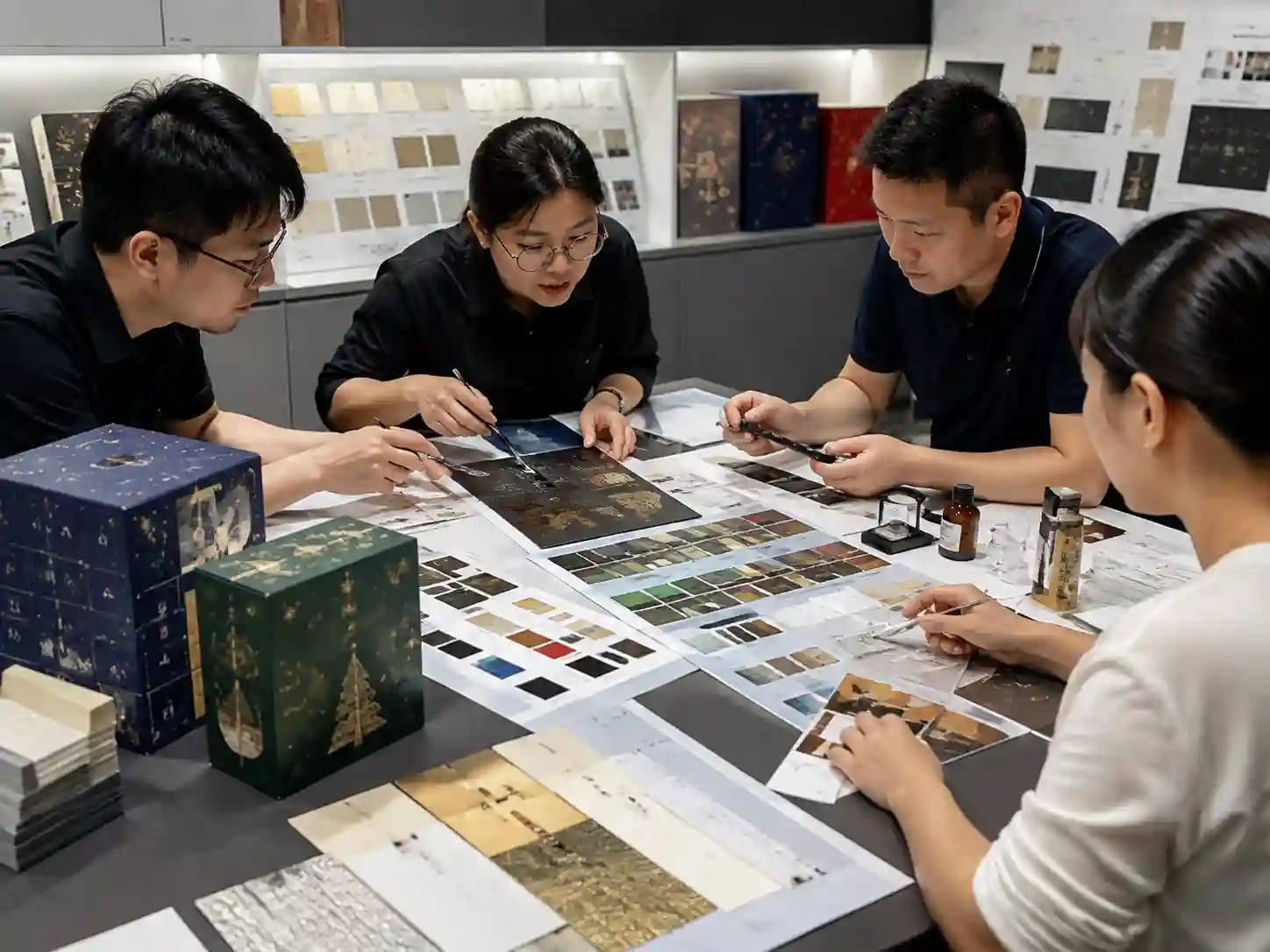 Packaging designers reviewing finish adhesion test samples for advent calendar box production