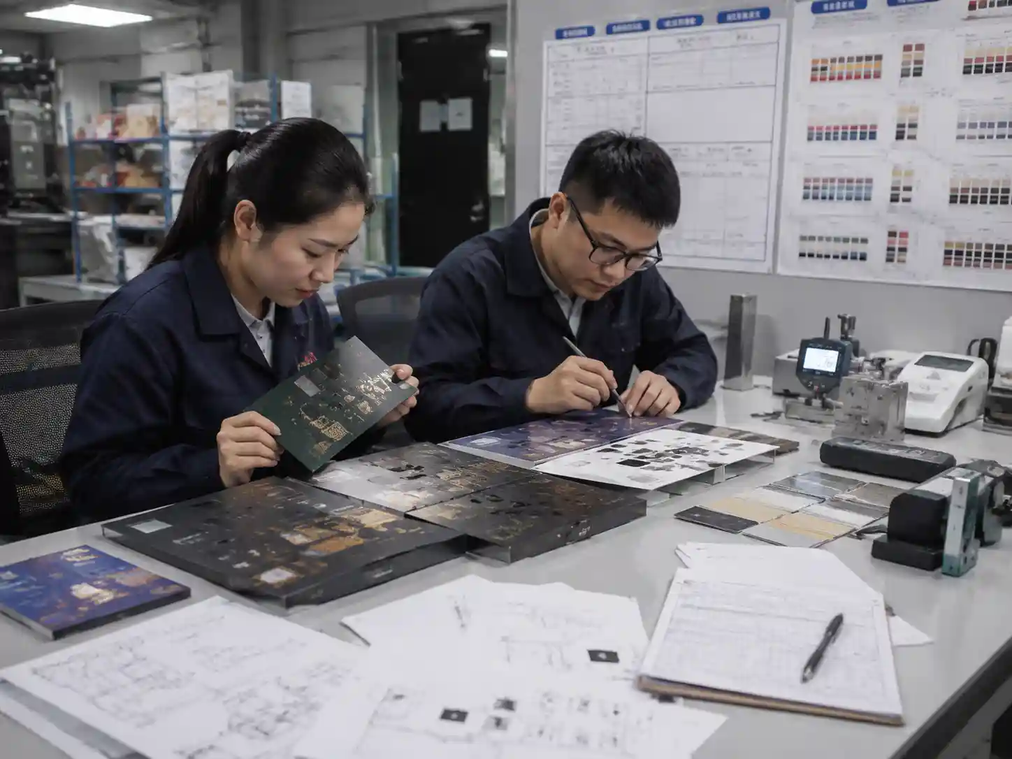 Packaging engineers performing finish adhesion testing on premium paper packaging samples