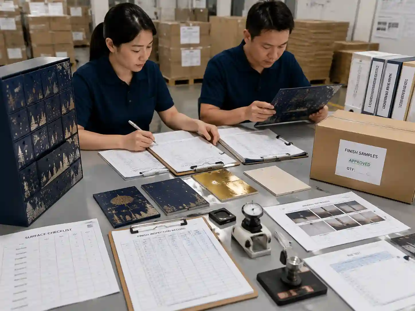 Quality control team reviewing finish adhesion inspection records before packaging production release