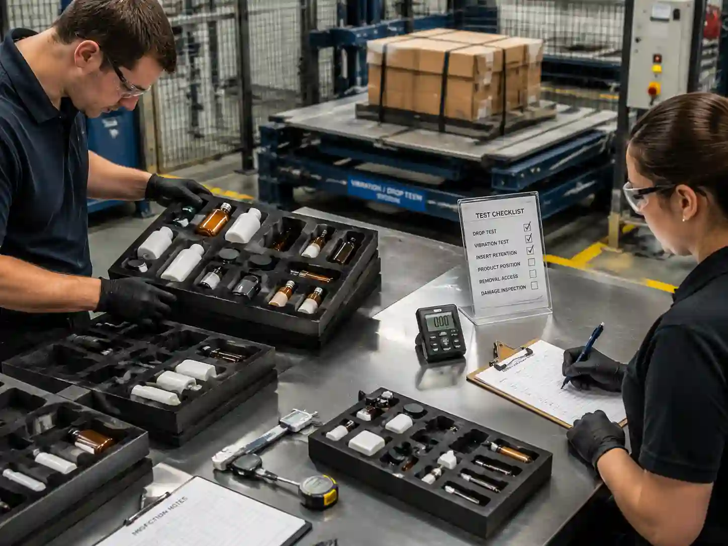 Technician validating insert retention performance after transport simulation testing
