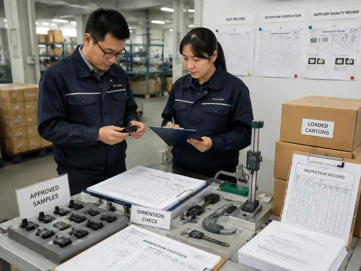 QC team reviewing insert retention test records and packaging inspection results
