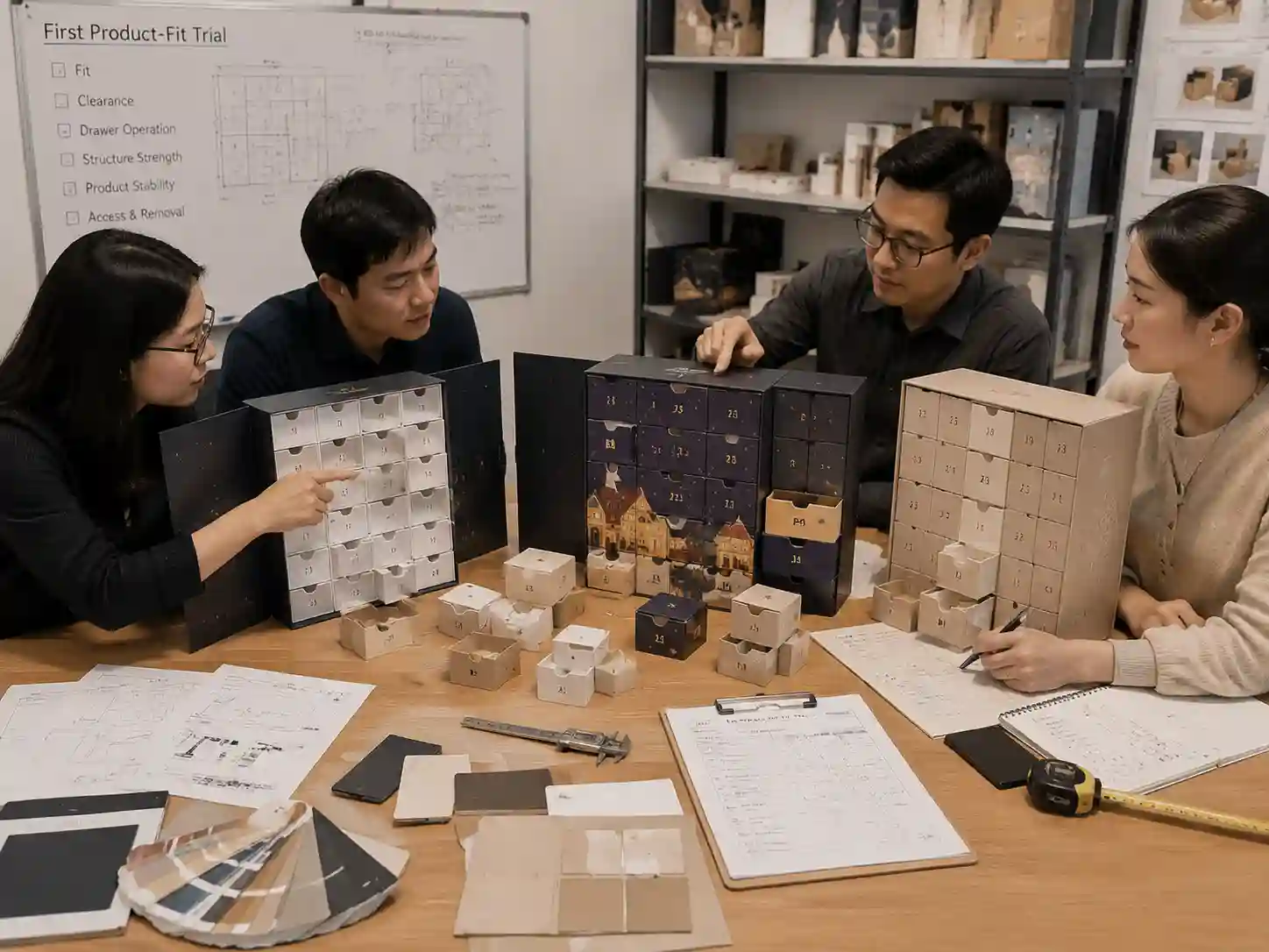 Packaging team reviewing first product fit test samples and approval records for advent calendar packaging.