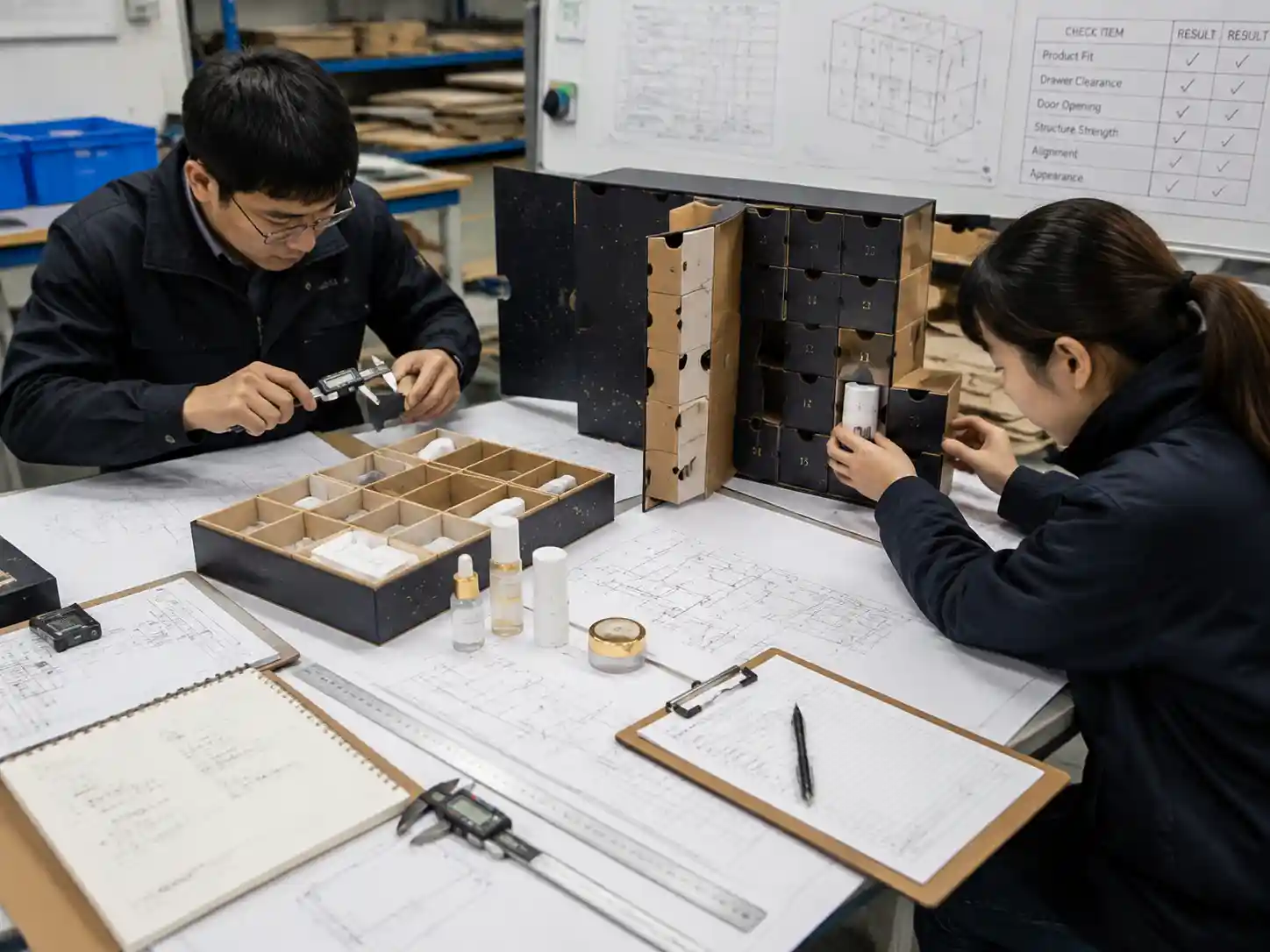 Packaging engineers testing loaded product fit and compartment measurements during a first fit trial.