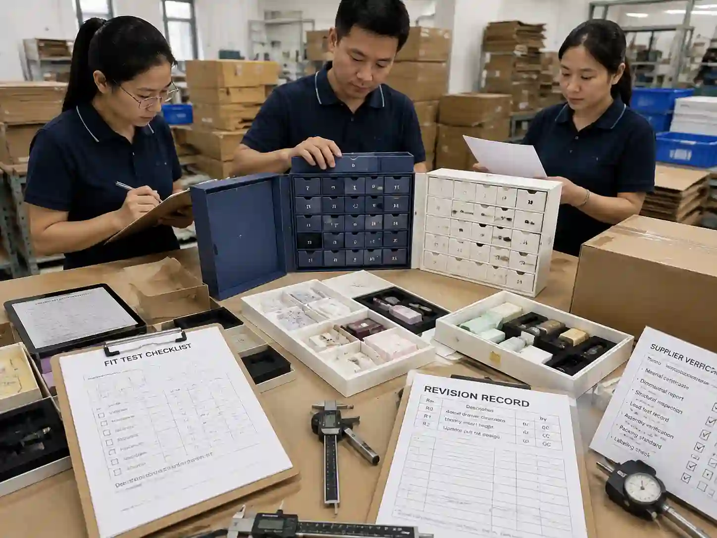 Quality control team verifying first product fit test records and packaging sample documentation.