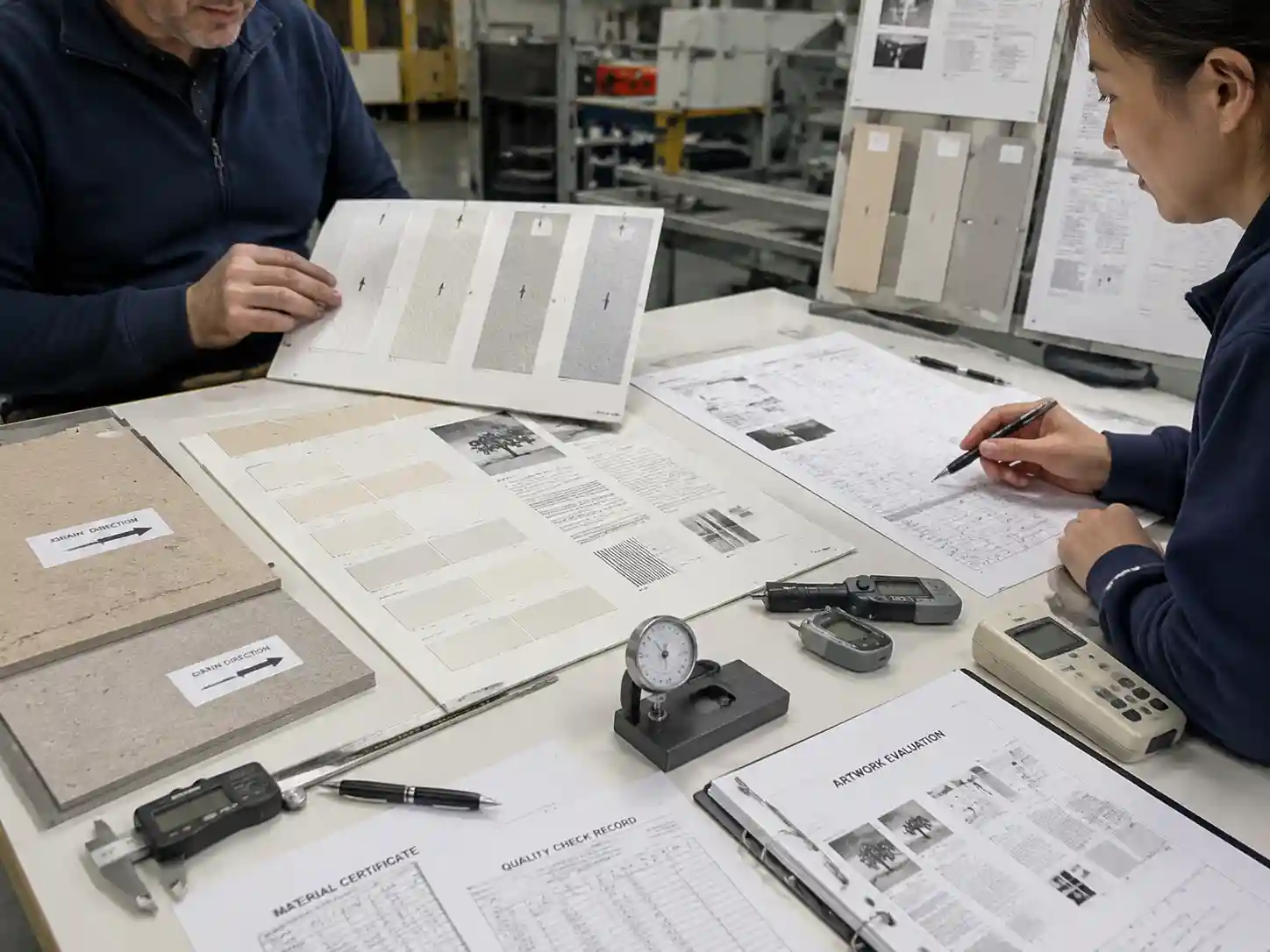 Packaging engineers reviewing textured paper samples and artwork print quality evidence