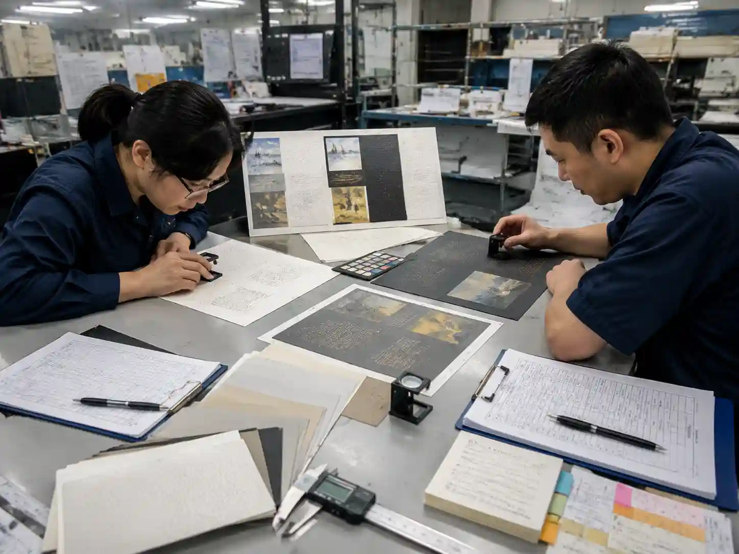Technicians testing textured paper printing performance and fine artwork clarity