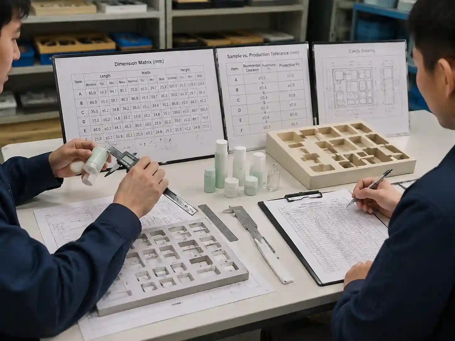 Packaging engineers measuring product samples and cavity prototypes to define production tolerance for custom advent calendar packaging.