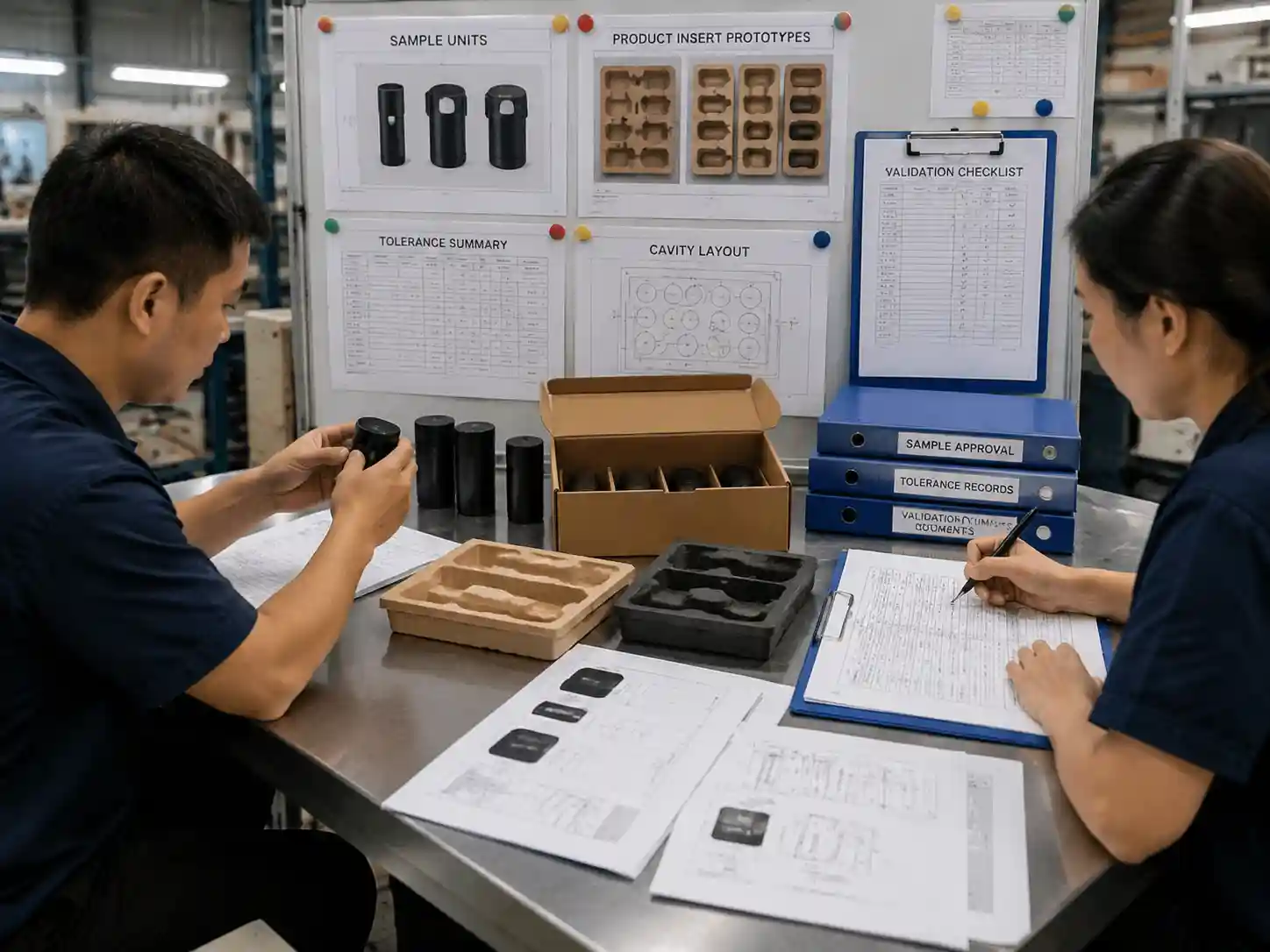 Engineering team validating packaging samples and production tolerance records before final manufacturing.
