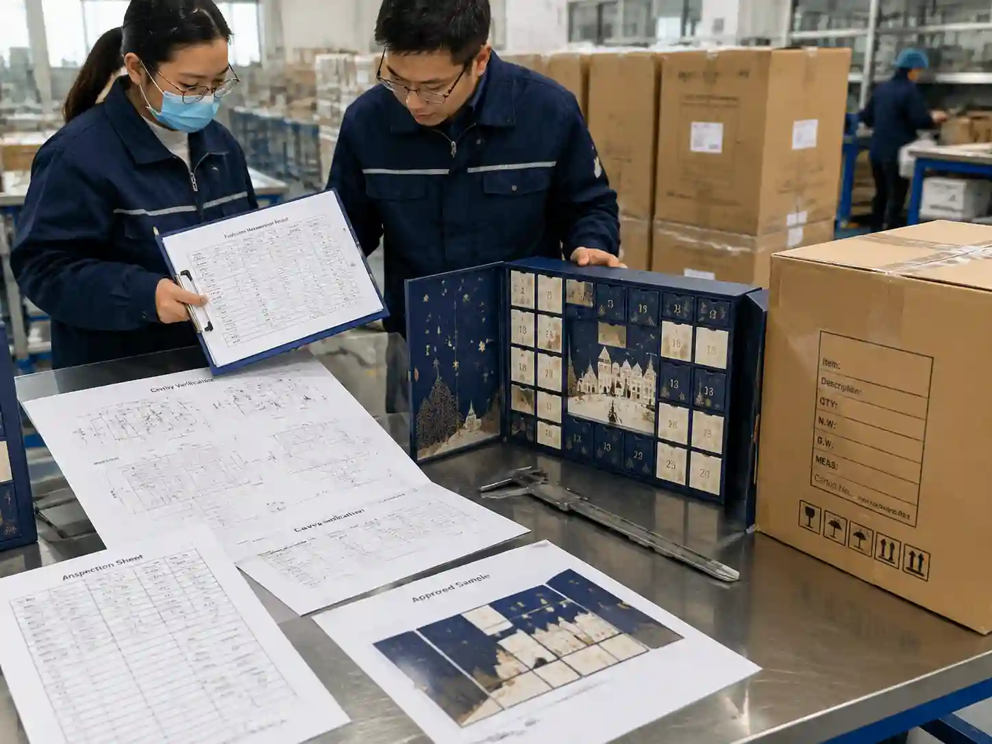 Quality control staff verifying production measurements against approved packaging samples and tolerance records.