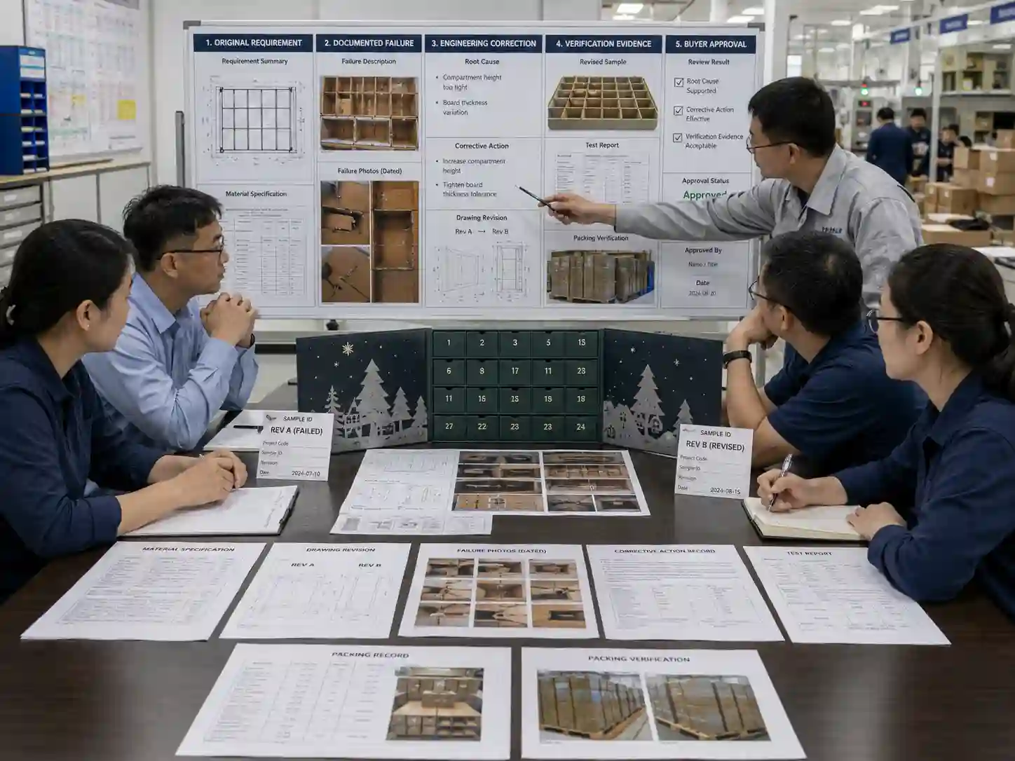 Packaging buyers reviewing traceable failure, corrective-action, and verification evidence for an advent calendar engineering case study.