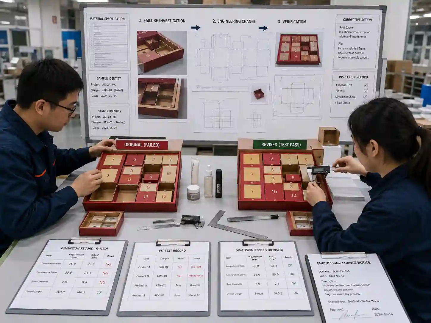 Packaging engineers measuring a failed advent calendar sample, documenting corrective action, and verifying a revised engineering sample.