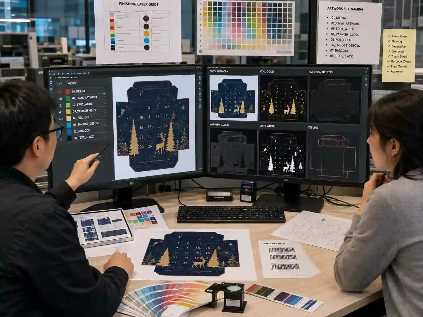 Packaging designers reviewing foil, emboss, and varnish artwork layer naming before print approval.