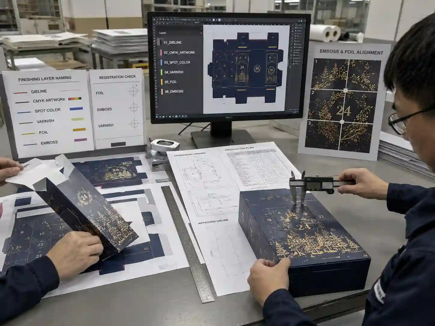 Packaging engineers validating foil, emboss, and varnish layer alignment before sampling.