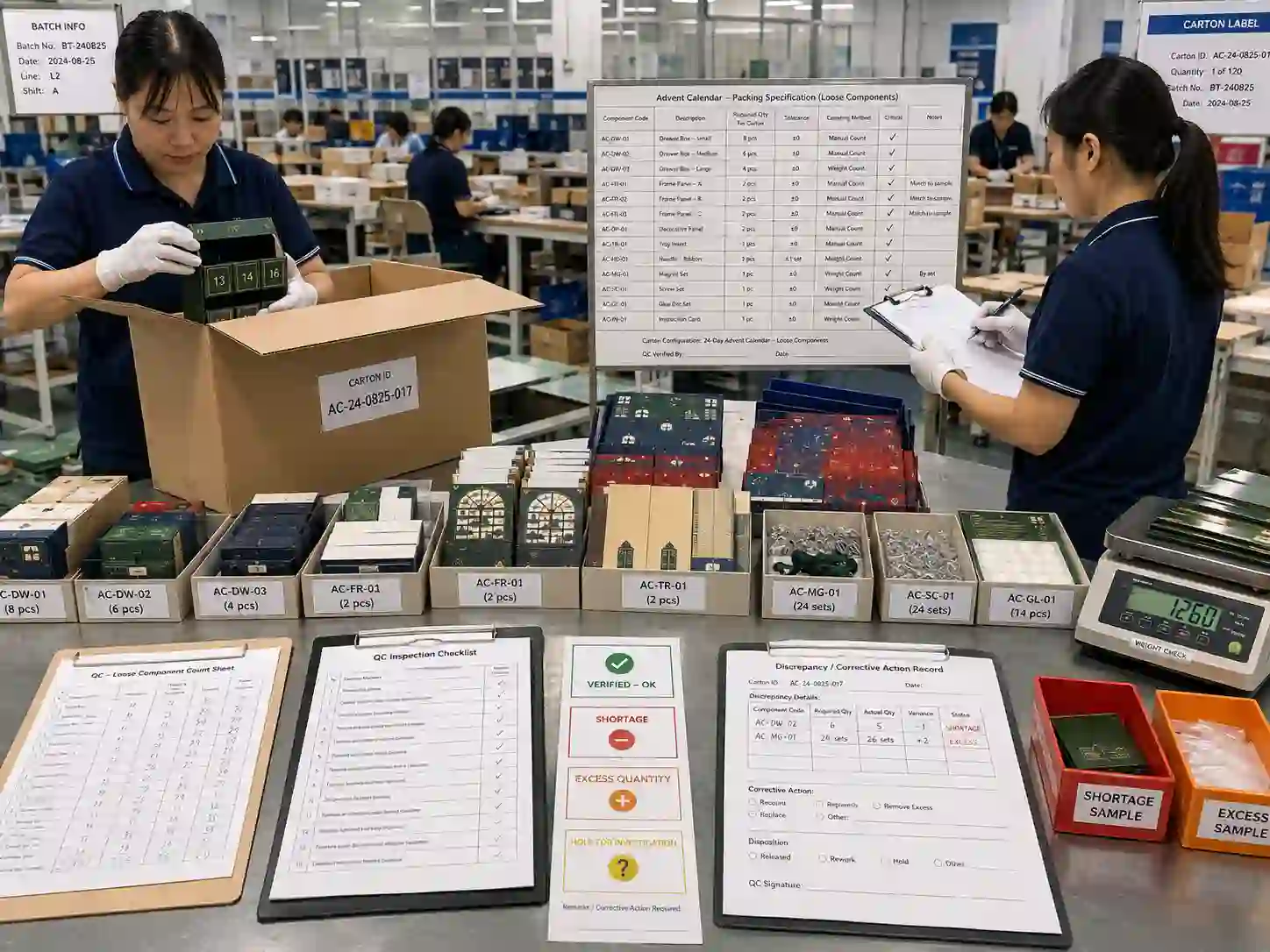 QC inspectors verifying loose component quantities against an advent calendar carton packing specification.