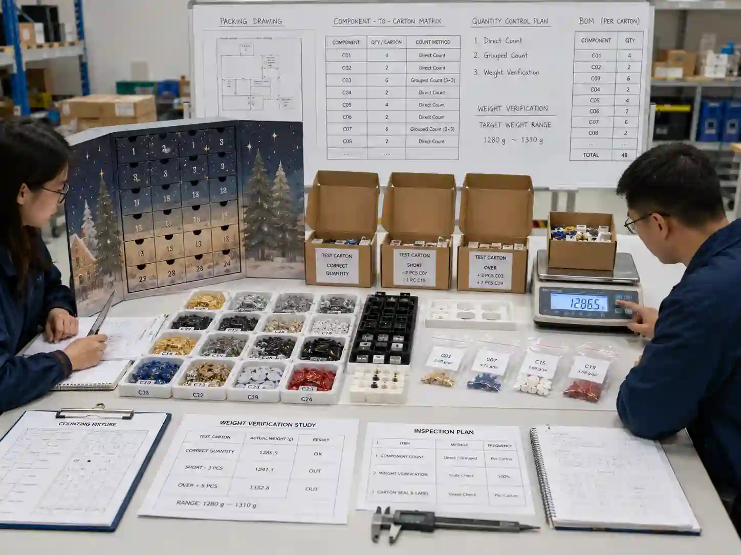 Packaging engineers validating counting and weight checks for cartons containing many loose advent calendar components.