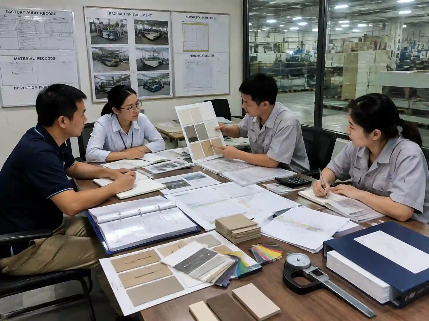 Supplier review meeting checking packaging material specifications before deposit payment