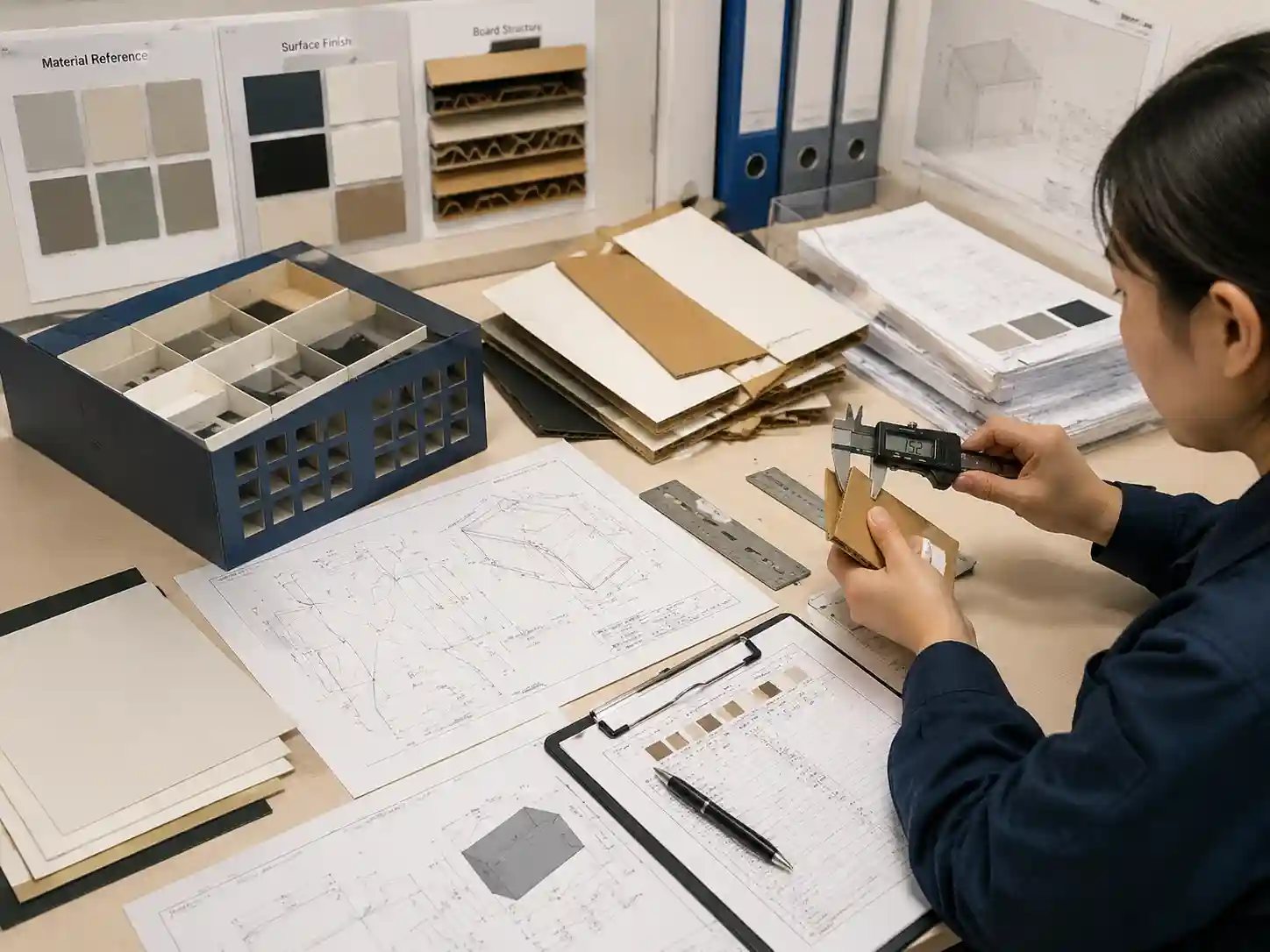 Packaging engineers verifying material specifications through samples and measurements