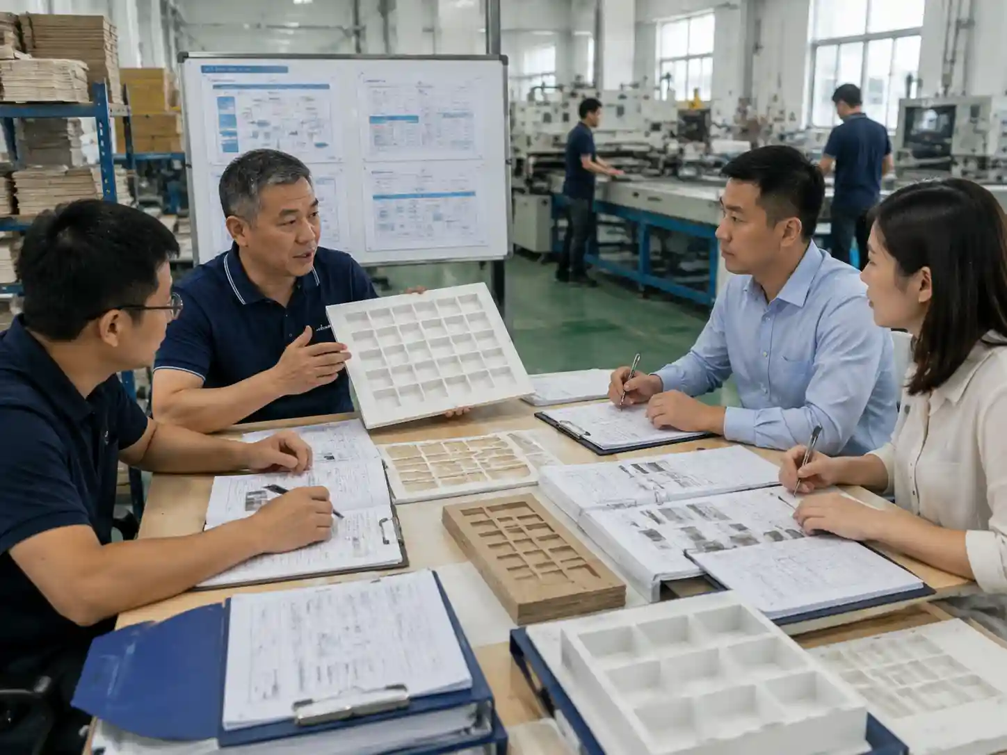 Supplier evaluation meeting reviewing insert design drawings, tooling records, and packaging production capability.